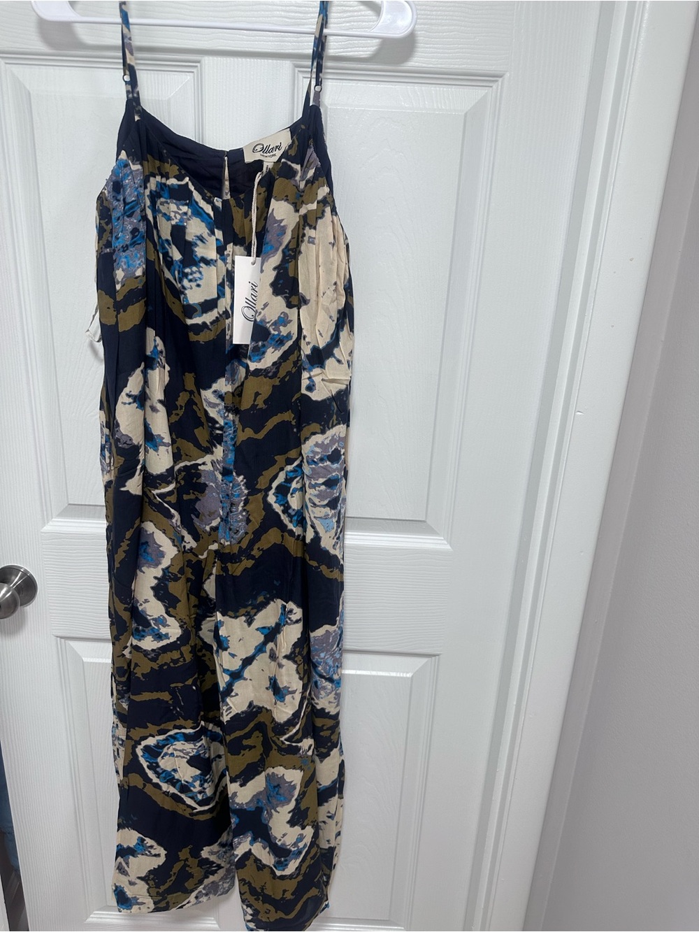 Ollari  Navy, Cream & Olive Abstract Print Maxi Dress